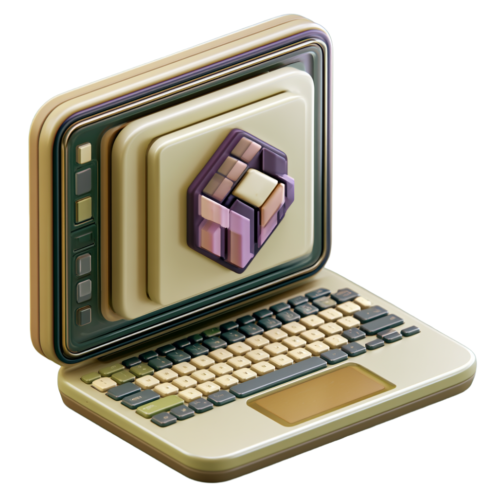 3D illustration of a laptop with a crafted interface on screen